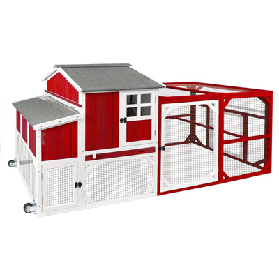Chicken Coop with Run - 2-Story Wooden Chicken Tractor with Nesting Box - Red