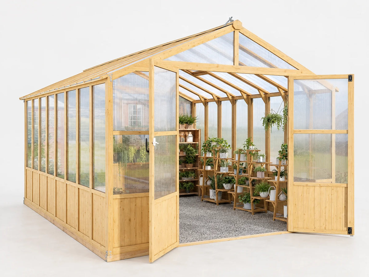 Wooden Greenhouse Built for Year-Round Growing, Cedar Frame, Polycarbonate Panels, 10x13 Ft Indoor Space