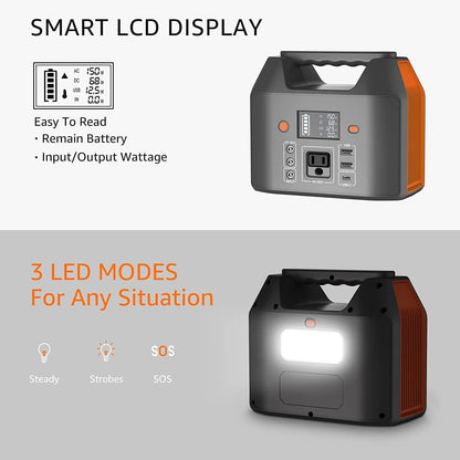 Portable Power Station 150W 155Wh Solar Generator 110V 42000Mah Portable Power Bank W/Ac Outlet, 6 Outputs External Battery Backup LED Light for Outdoor Camping