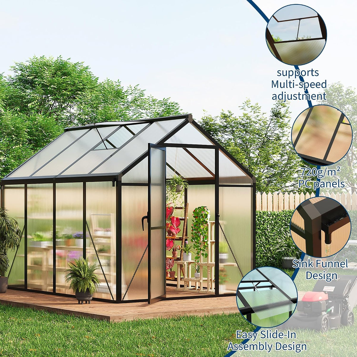 6X8 FT Greenhouse for Outdoors, Polycarbonate Greenhouse with Roof Vent, Ground Nails, Lockable Push Door, Aluminum Large Walk-In Green House for outside Garden Backyard, Patio, Lawn, Black