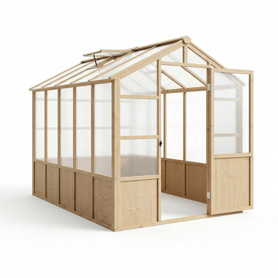 6'X10' Wooden Greenhouse for Outdoor, Large Walk-In Greenhouse Kit with Ventilated Window, Door & Polycarbonate Panels, Heavy Duty Wood Frame Green House for Patio Garden Backyard