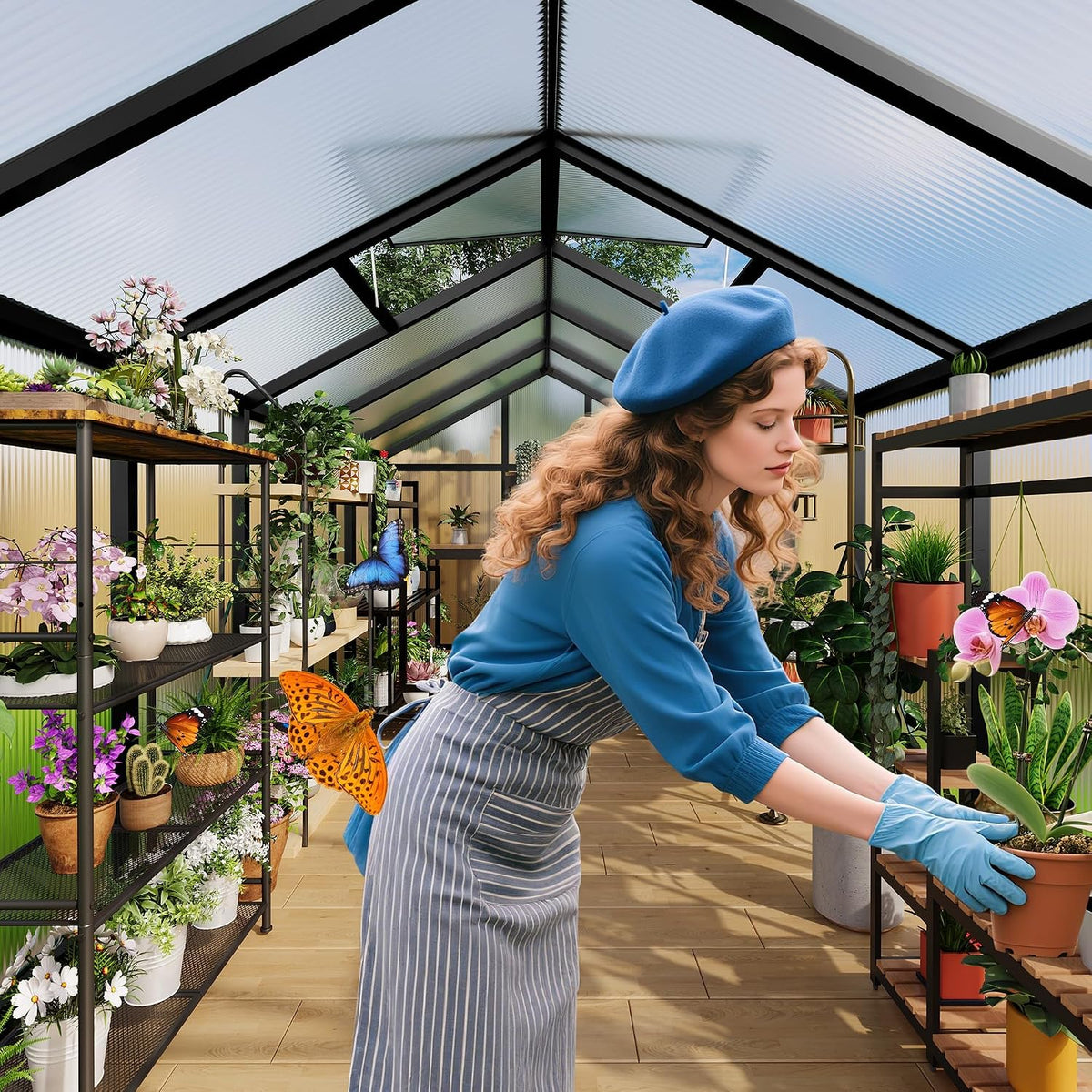 6X8 FT Greenhouse for Outdoors, Polycarbonate Greenhouse with Roof Vent, Ground Nails, Lockable Push Door, Aluminum Large Walk-In Green House for outside Garden Backyard, Patio, Lawn, Black
