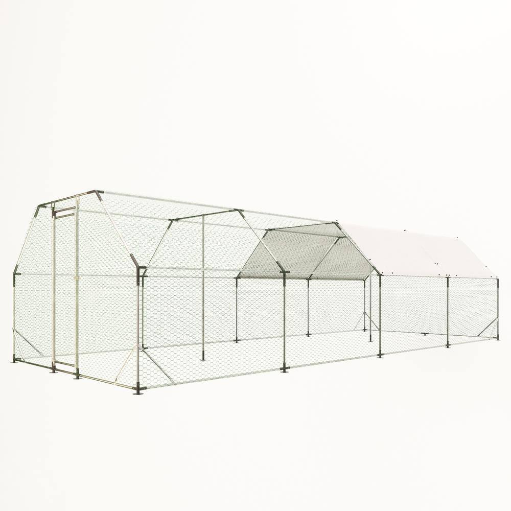 9.94 Ft. X 25.68 Ft, Metal Chicken Coop, Walk-In with Waterproof Cover, Lockable, Flat Roof, White