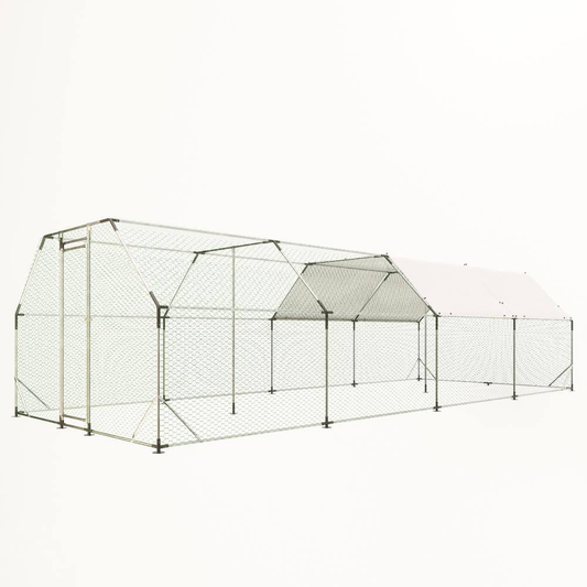 9.94 Ft. X 25.68 Ft, Metal Chicken Coop, Walk-In with Waterproof Cover, Lockable, Flat Roof, White
