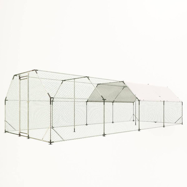 9.94 Ft. X 25.68 Ft, Metal Chicken Coop, Walk-In with Waterproof Cover, Lockable, Flat Roof, White
