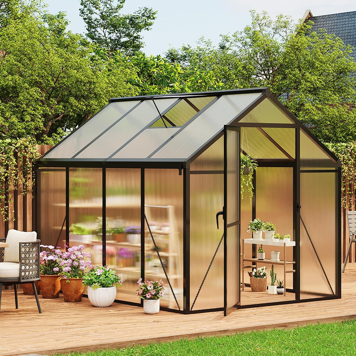 6X8 FT Greenhouse for Outdoors, Polycarbonate Greenhouse with Roof Vent, Ground Nails, Lockable Push Door, Aluminum Large Walk-In Green House for outside Garden Backyard, Patio, Lawn, Black