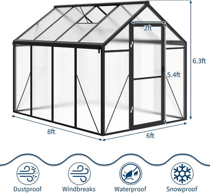 6X8 FT Greenhouse for Outdoors, Polycarbonate Greenhouse with Roof Vent, Ground Nails, Lockable Push Door, Aluminum Large Walk-In Green House for outside Garden Backyard, Patio, Lawn, Black